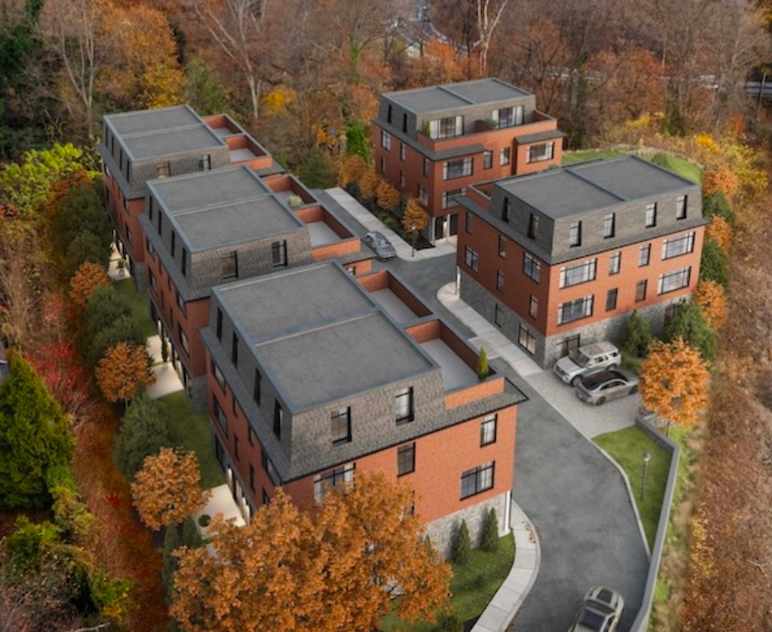 Aerial rendering of the 90 Rochelle townhome courtyard